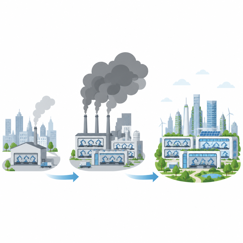 Figure 1. How growing robot factories in a city can first raise pollution and then help clean the air as the industry matures.