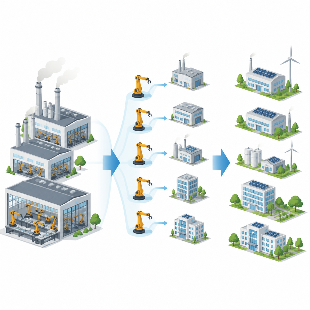 Figure 2. How robot-making plants supply robots to other factories, boosting energy efficiency and lowering their carbon emissions over time.