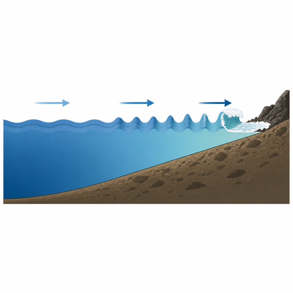 Figure 1. Hoe oceaangolven veranderen van dieptezee tot brekende branding boven een steile onderwaterhelling