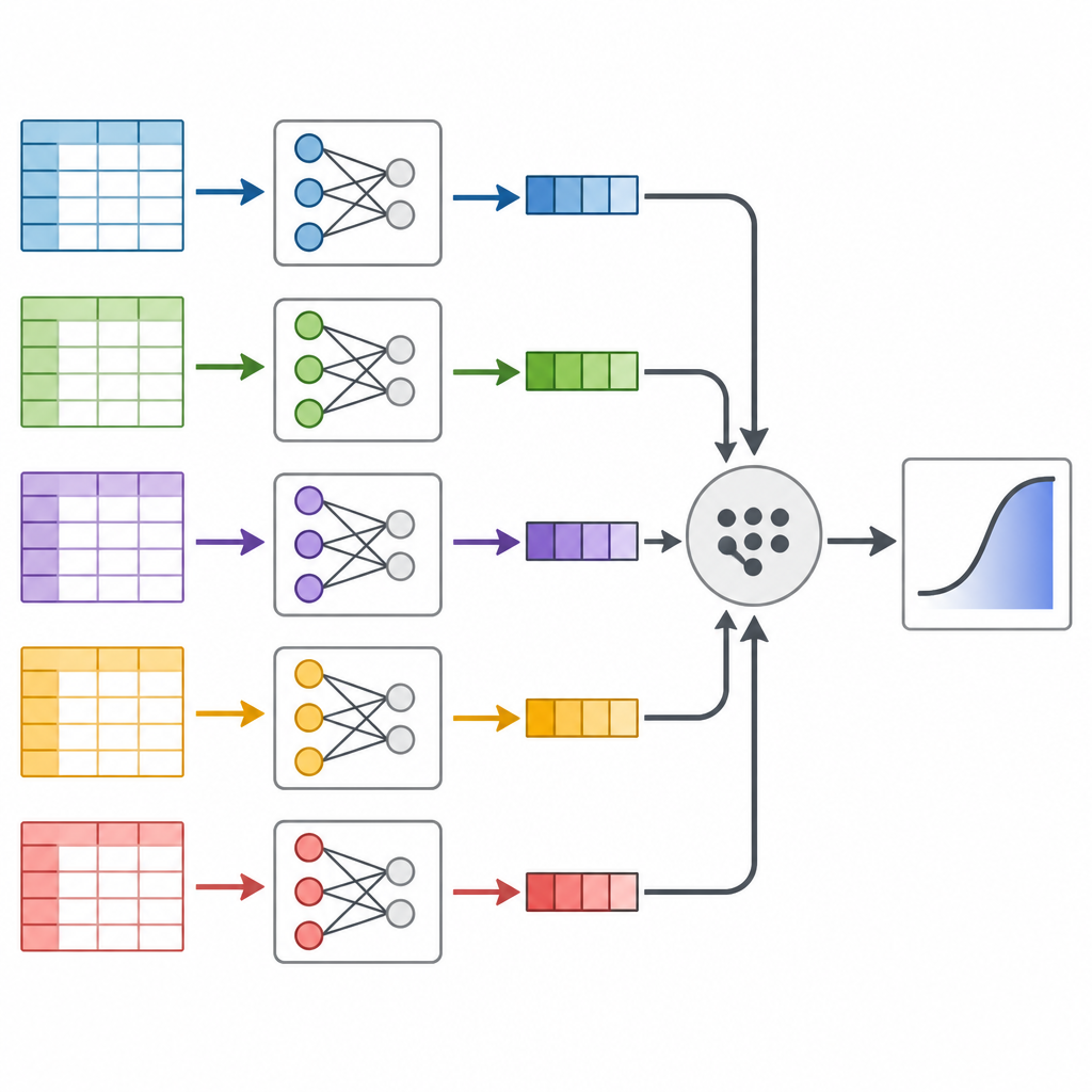 Figure 2. Molteplici modelli su piccoli sottoinsiemi di dati che confluiscono in un unico modello combinato che riproduce gli stessi schemi di rischio di diabete dell'analisi su tutti i dati.