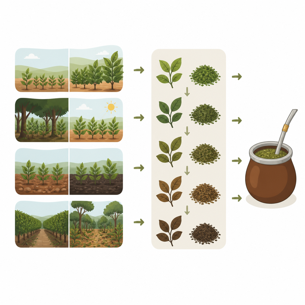 Figure 1. Hoe leeftijd van de plantage, beschaduwing, bodem en snoei de chemie en kwaliteit van yerba mate van veld tot kopje vormen.