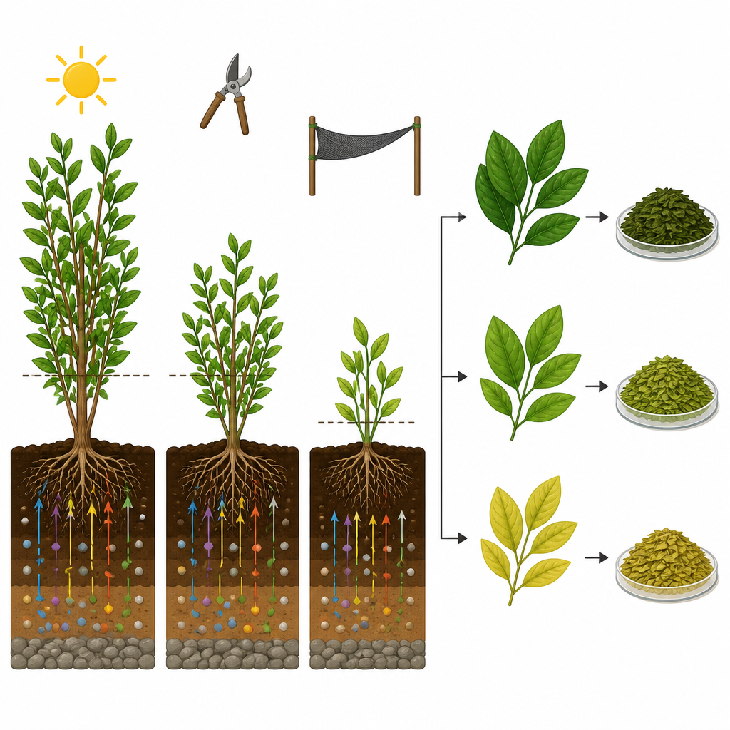 Figure 2. Hoe bodemmineralen, licht en snoei elementen naar yerba mate-bladeren leiden en hun kleur en sleutelverbindingen veranderen.