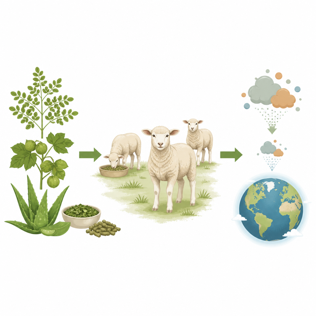 Figure 1. Come integratori vegetali naturali aiutano gli agnelli a sprecare meno energia sotto forma di metano e a ridurre l’impatto climatico dell’allevamento ovino.