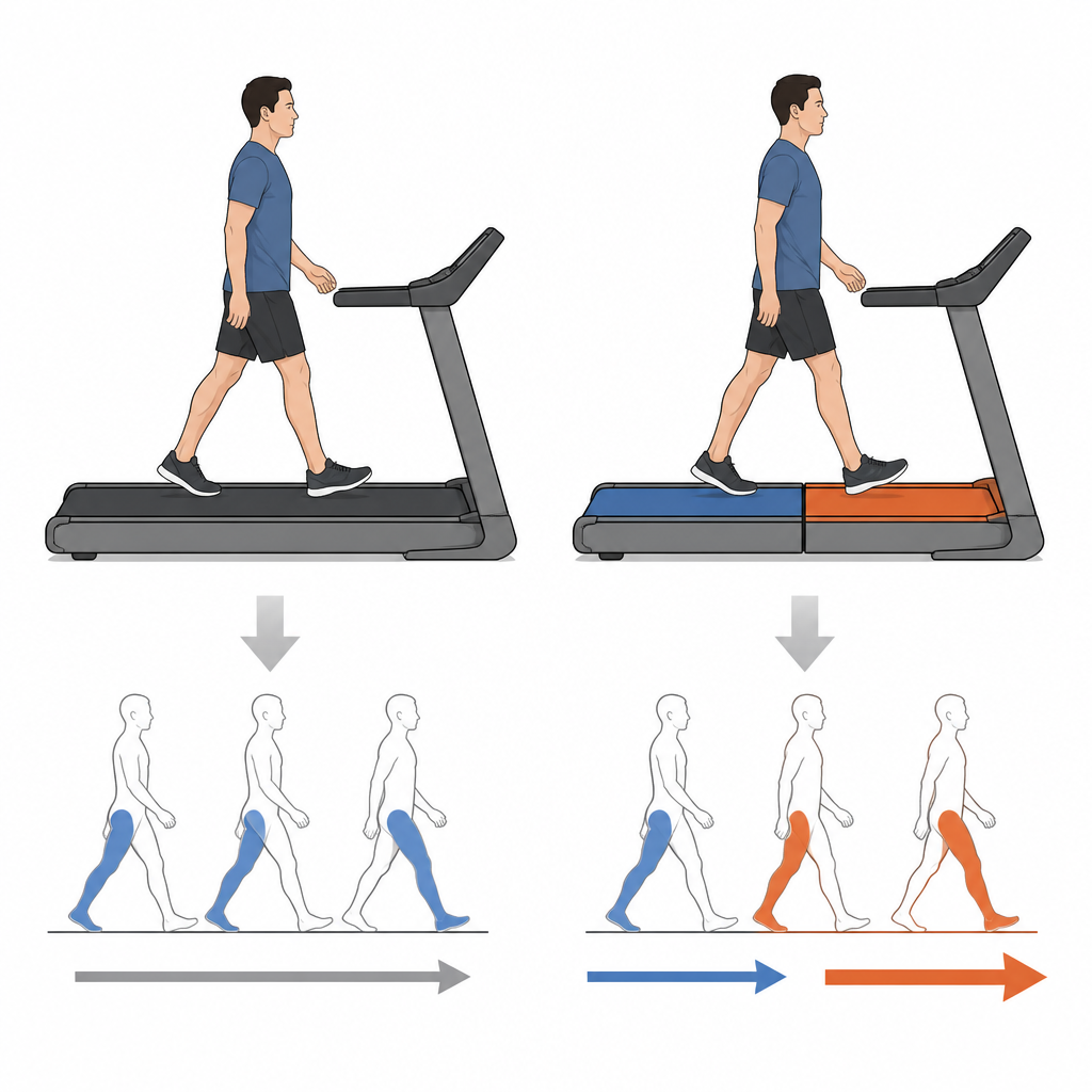 Figure 1. Cómo cambia la marcha cuando un lado de la cinta se mueve más rápido que el otro y cómo esto configura nuestro patrón general de caminar.