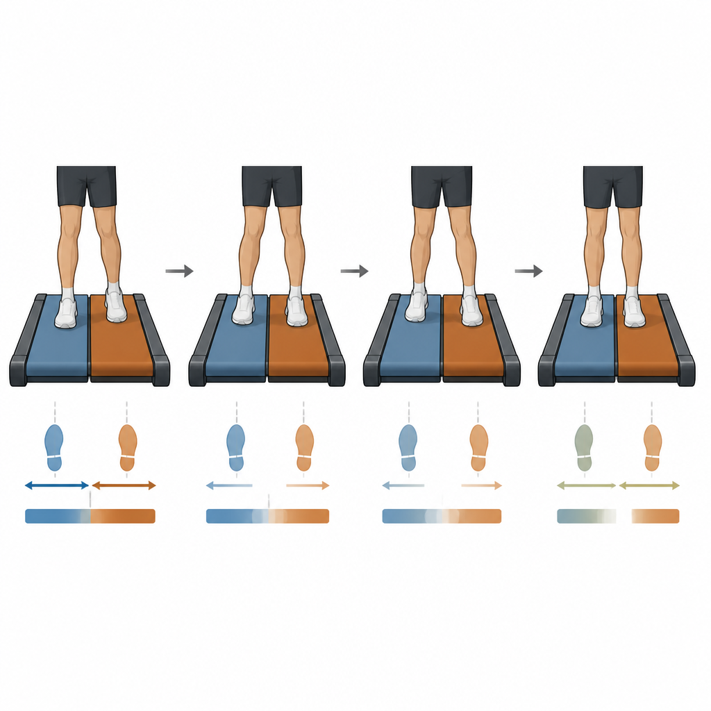 Figure 2. Cómo las piernas de una persona ajustan gradualmente el tamaño del paso y el tiempo en cintas desiguales mientras se adaptan a una nueva diferencia de velocidad.