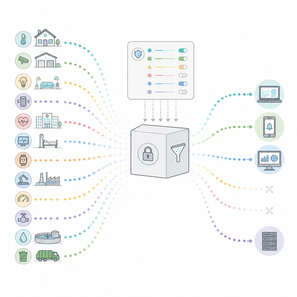 Figure 1. Verschlüsselte IoT-Daten passieren einen Broker, der vor der Zustellung an verschiedene Abonnenten verdeckte, flexible Regeln durchsetzt.
