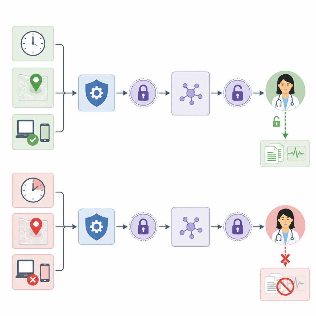 Figure 2. Veränderliche Kontexte wie Zeit und Standort werden gegen verdeckte Regeln geprüft, sodass nur passende Anfragen die verschlüsselten Daten freischalten.