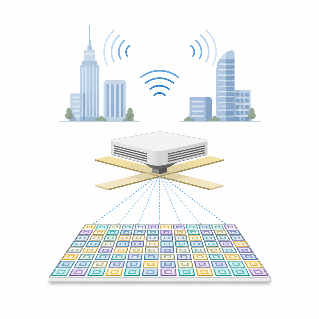 Figure 1. Pannello antenna 5G compatto sopra una superficie patternata che invia segnali nitidi in un ambiente urbano
