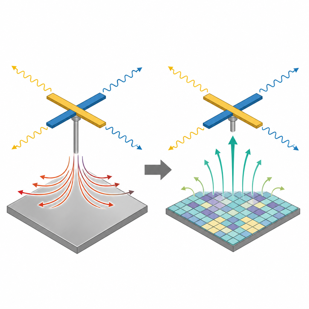 Figure 2. Confronto tra onde da un’antenna doppia sopra metallo liscio rispetto a superficie patternata che mostra meno dispersione laterale