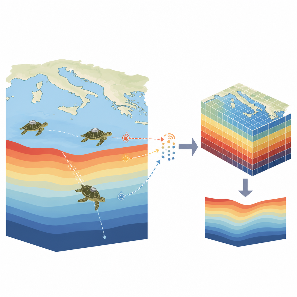 Figure 1. Meeresschildkröten mit Sensoren tragen dazu bei, reale Meerwassertemperaturen mit Vorhersagen von Computermodellen in der Adria und im Ionischen Meer zu vergleichen.