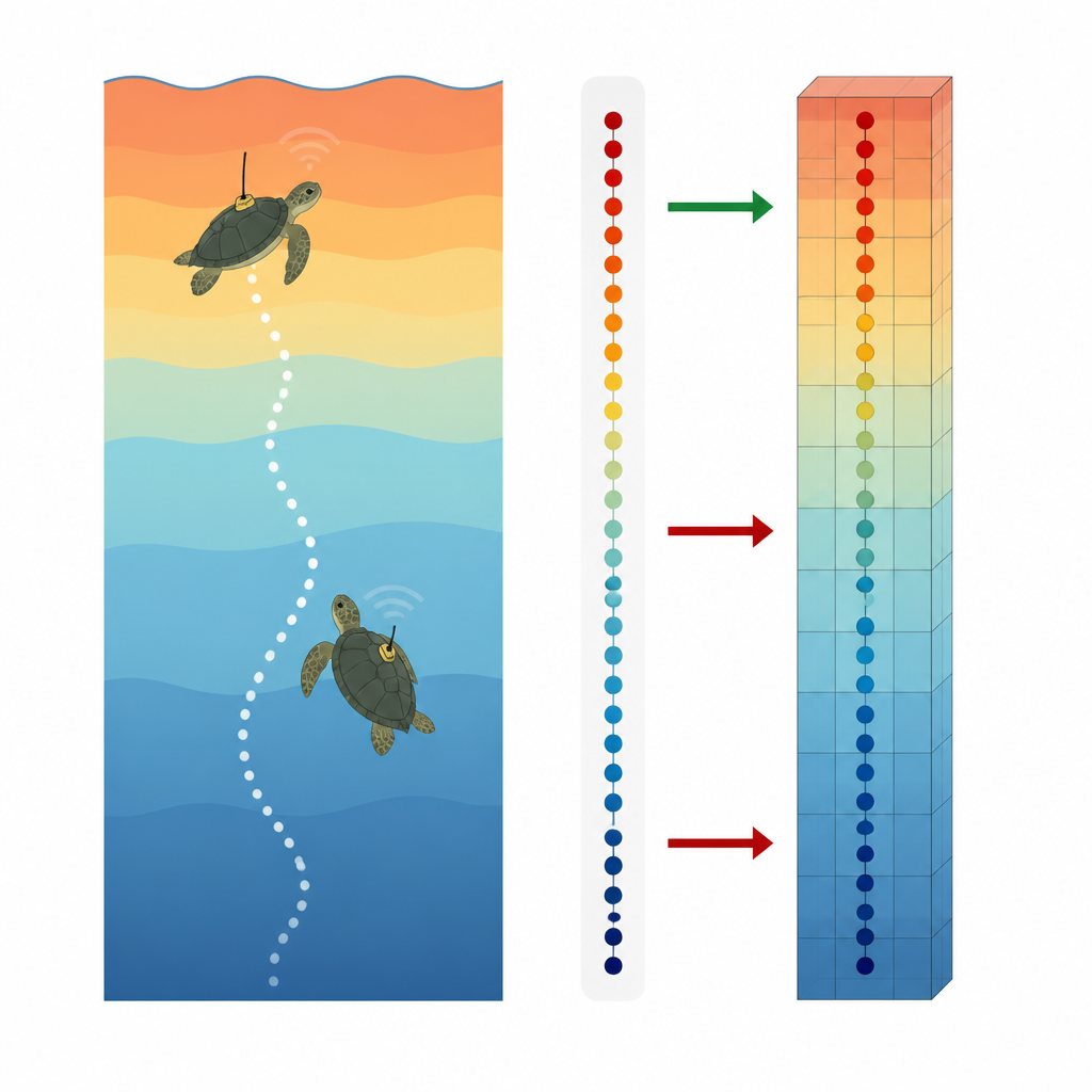 Figure 2. Markierte Schildkröten verfolgen Temperaturen in der Tiefe und zeigen, wo Ozeanmodelle an der Oberfläche übereinstimmen und wo tiefere Wasserschichten abweichen.