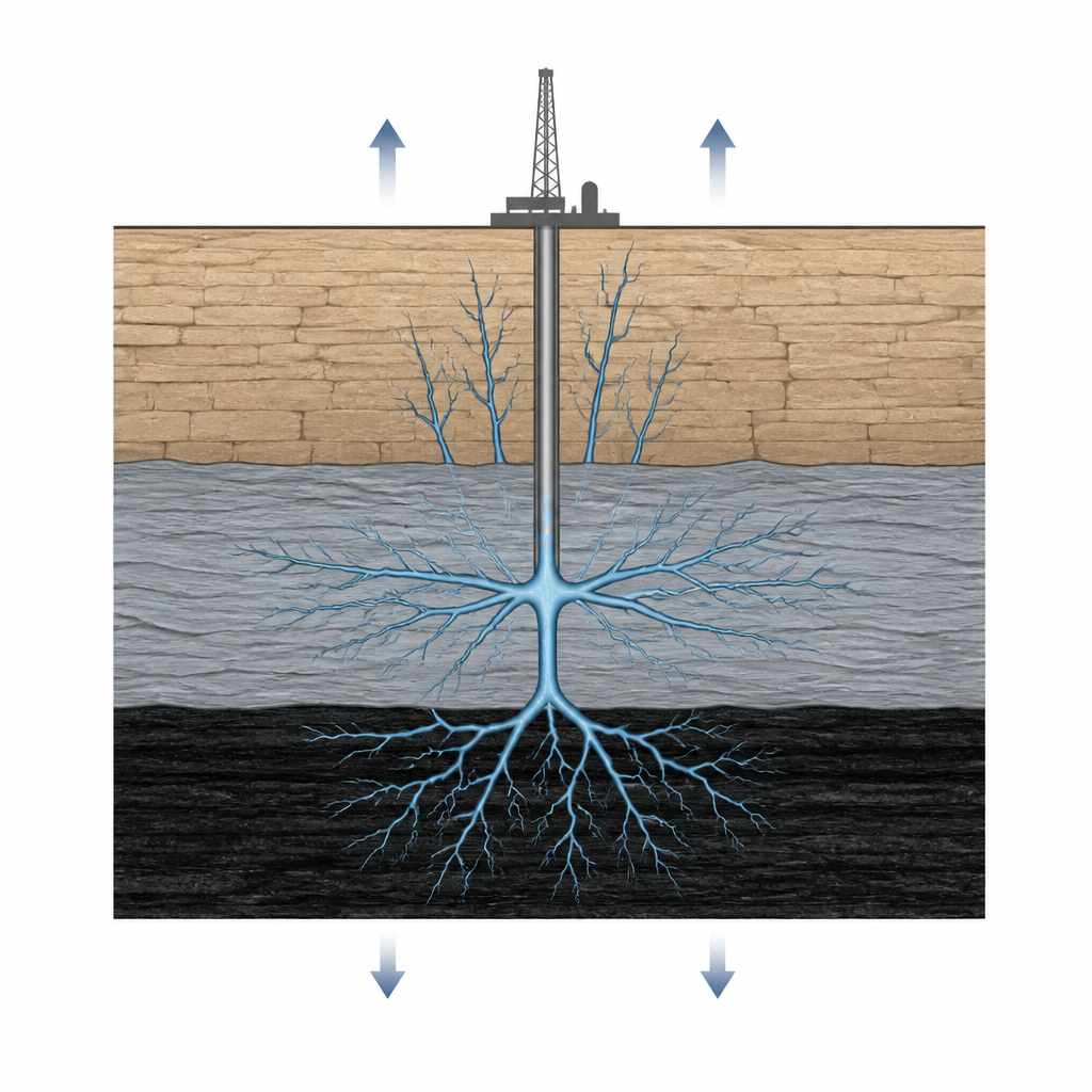 Figure 1. Come il fluido pressurizzato crea forme di frattura complesse negli strati sovrapposti di carbone e roccia sottoterra.