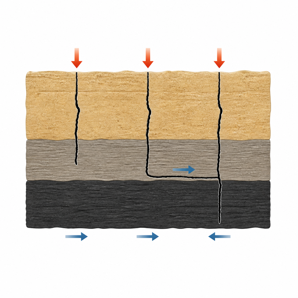 Figure 2. Come la direzione delle sollecitazioni e la durezza della roccia determinano se le fratture attraversano o seguono i confini tra gli strati rocciosi.