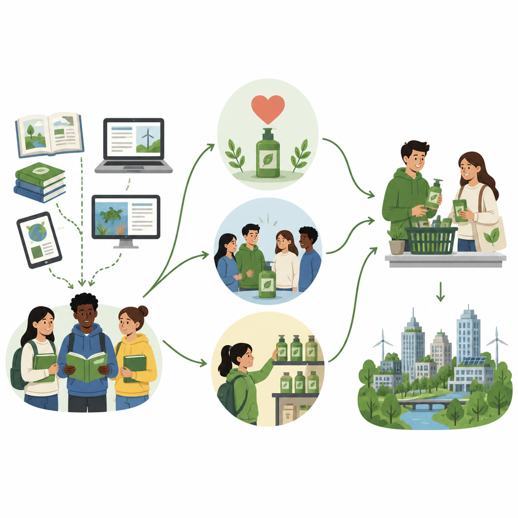 Figure 2. Come la conoscenza modella atteggiamento, influenza sociale e fiducia per incentivare le scelte di acquisto verde degli studenti.