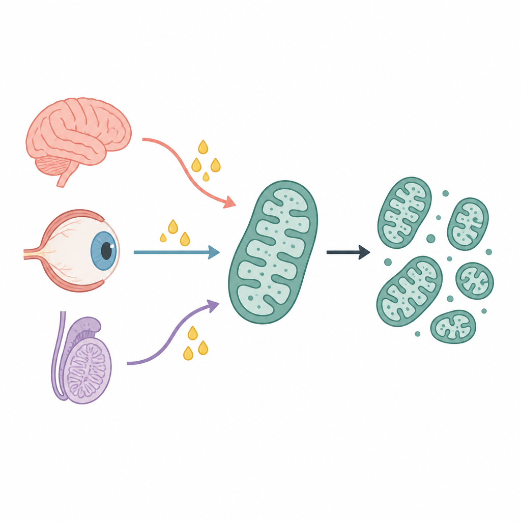 Figure 1. Beyin, retina ve testis hücrelerindeki DHA’ya odaklanan bir enzimin mitokondrileri nasıl yeniden şekillendirerek hücre sağlığı ve işlevini etkilediği.
