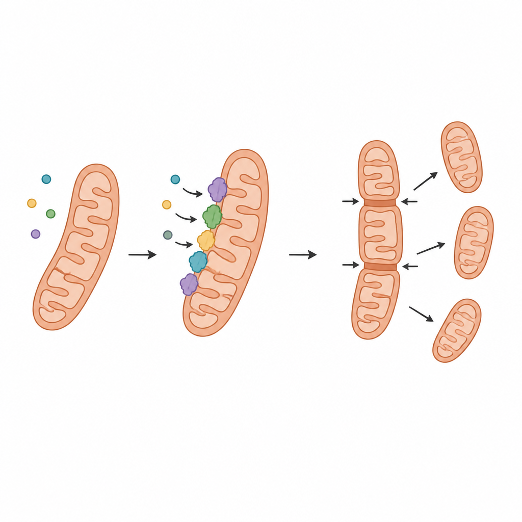 Figure 2. DHA’nın mitokondrilerde DHA-CoA’ya dönüştürülmesinin ve bunun protein kaynaklı mitokondriyal bölünmeyi tetiklemesinin adım adım görünümü.