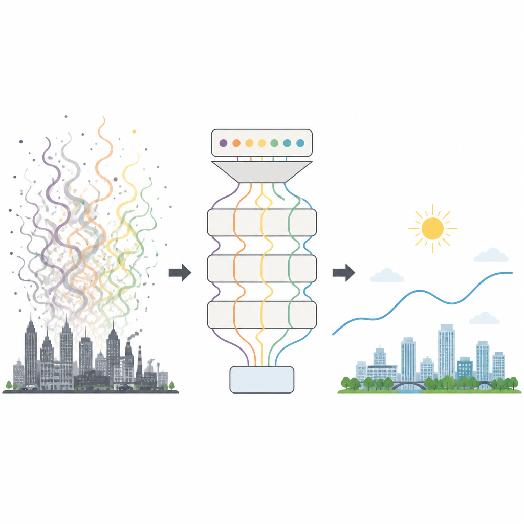 Figure 1. Trasformare registrazioni rumorose dell’inquinamento cittadino in previsioni limpide della qualità dell’aria per il giorno successivo tramite un modello a più livelli intelligente.