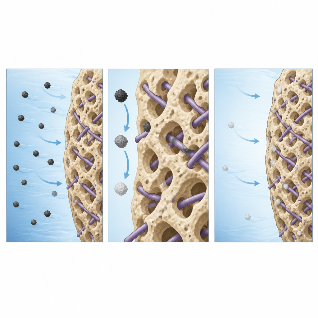 Figure 2. Ingrandire il meccanismo con cui la piccola spugna converte l’arsenico pericoloso e lo intrappola mentre l’acqua scorre