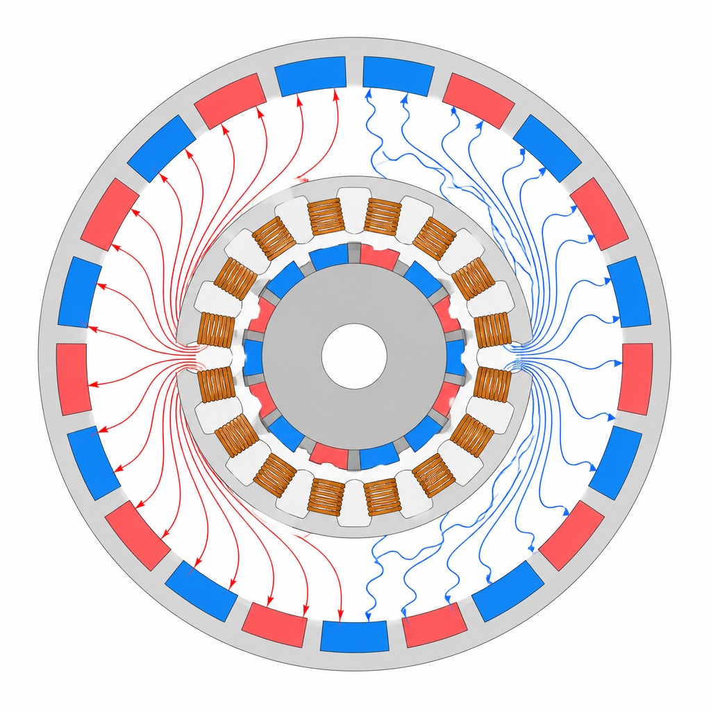Figure 2. Внутренний и внешний статор взаимодействуют с гибридными магнитами и обмотками ротора так, что пути магнитного потока создают высокий крутящий момент на низкой скорости.