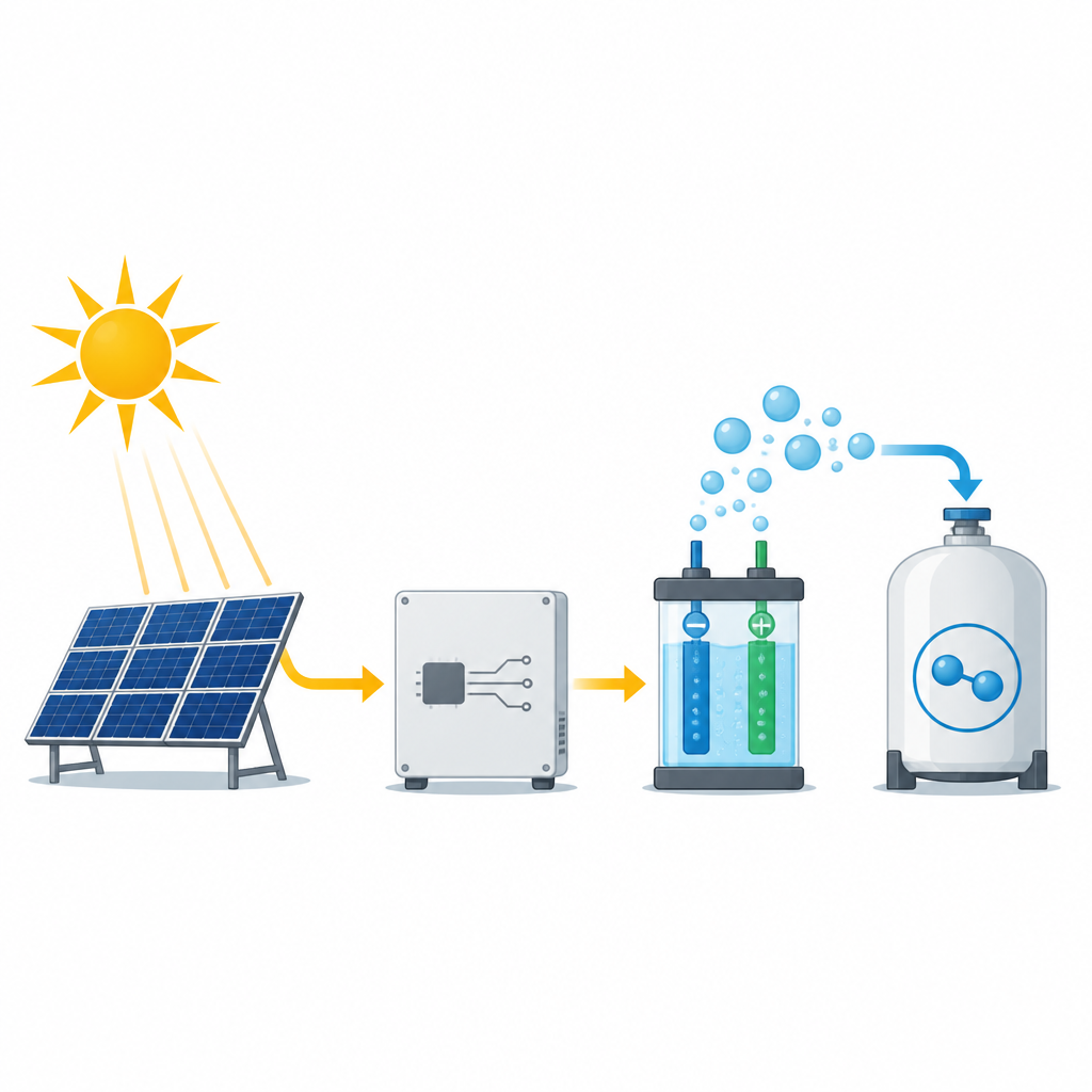 Figure 1. How solar panels, smart control, and water splitting link together to turn sunlight into hydrogen fuel.