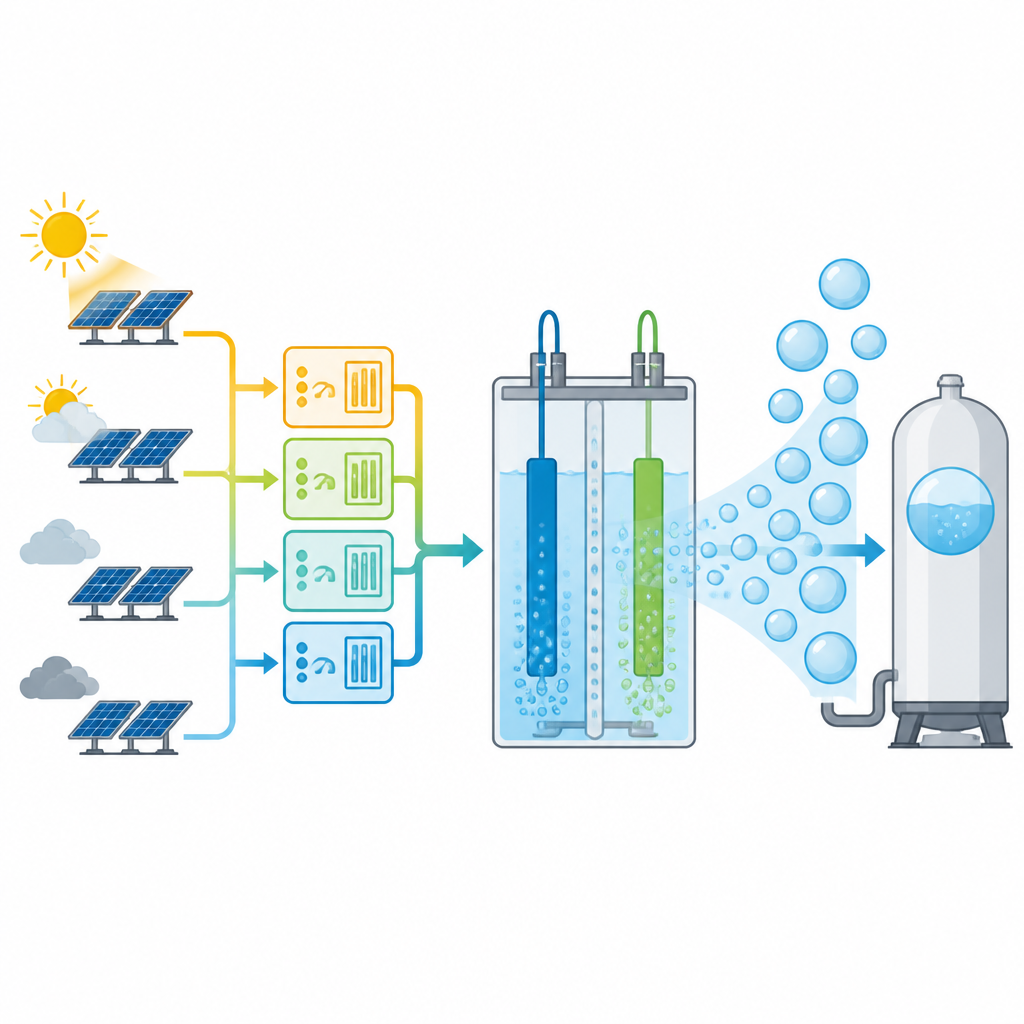 Figure 2. How improved control of solar power flow into a water-splitting cell boosts hydrogen output and efficiency step by step.
