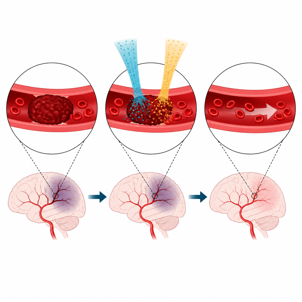 Figure 2. İlaçların beyin damarında pıhtıya nasıl etki ettiğine ilişkin adım adım bakış ve diyabet olsun ya da olmasın benzer iyileşmeye yol açma süreci.