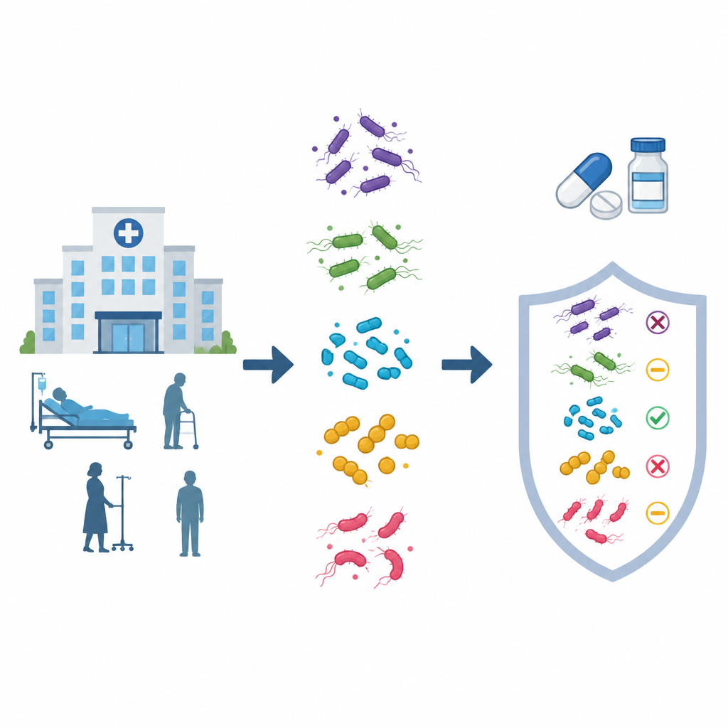 Figure 1. Szpitalne bakterie rozdzielają się na pięć ukrytych linii, które łączy silna oporność na leki i zdolność tworzenia biofilmów.