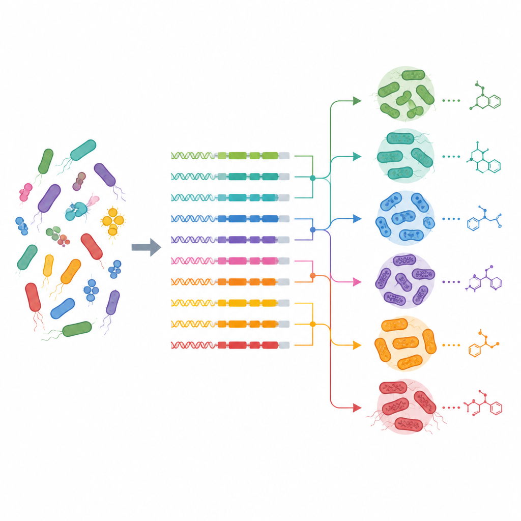 Figure 2. Porównanie DNA porządkuje mieszane szpitalne bakterie w pięć grup, z każdą o odrębnym wzorcu genów oporności i przetrwania.
