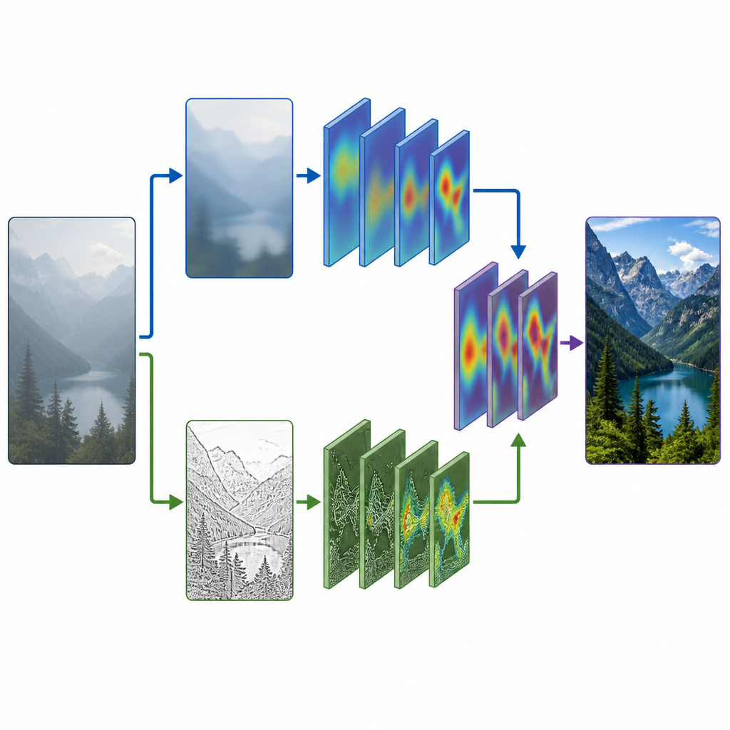 Figure 2. Wie das Trennen von glatten Bereichen und feinen Texturen einem Netzwerk hilft, Nebel zu entfernen und verlorene Details zurückzugewinnen.