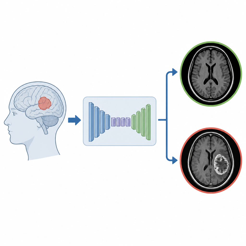 Figure 1. MRI brain scans flow through an AI system to produce clear healthy or tumor outcomes for doctors.