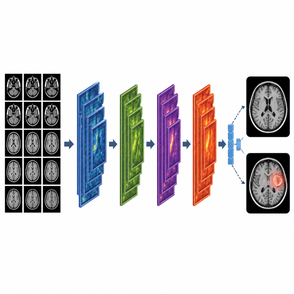 Figure 2. Brain MRI slices pass through layered feature filters so the AI separates healthy scans from those with tumor regions.