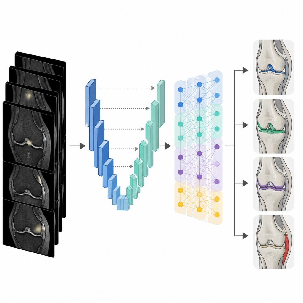 Figure 2. Bir yapay zekâ hattının diz MRI dilim yığınlarını farklı yaralanma türlerinin net haritalarına nasıl çevirdiği.