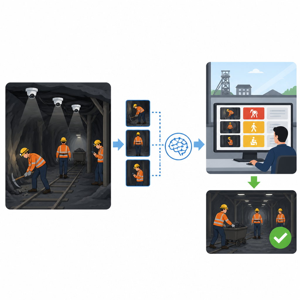 Figure 1. Come telecamere e IA collegano le gallerie minerarie a una sala di controllo in superficie per individuare in tempo reale comportamenti pericolosi dei lavoratori.