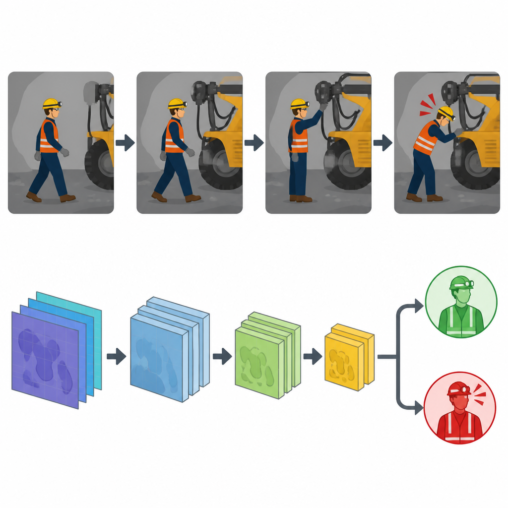 Figure 2. Come una sequenza video di un minatore viene elaborata da un modello di IA che separa azioni sicure da quelle non sicure vicino alle macchine.