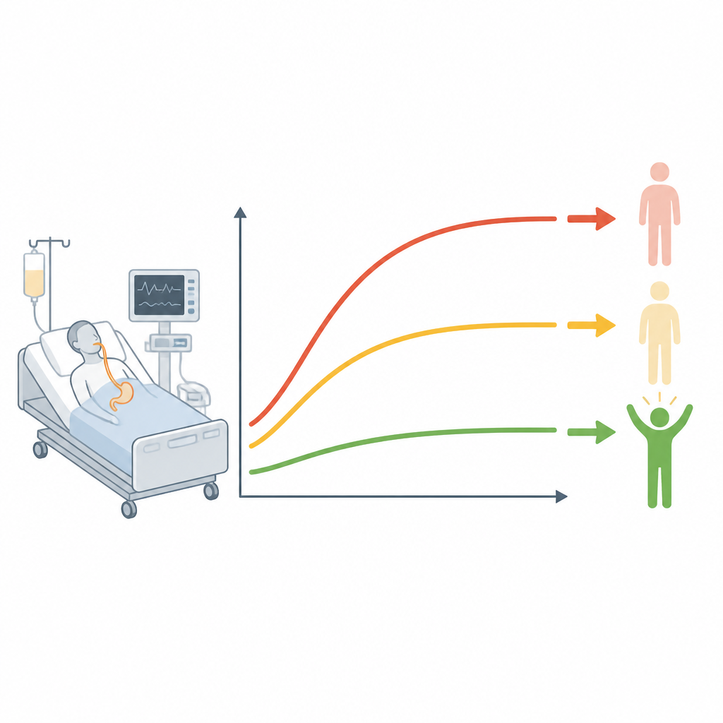 Figure 1. Jak żywienie przez przewód w OIOM prowadzi do trzech głównych wzorców poziomu cukru we krwi powiązanych z różnymi wynikami u pacjentów