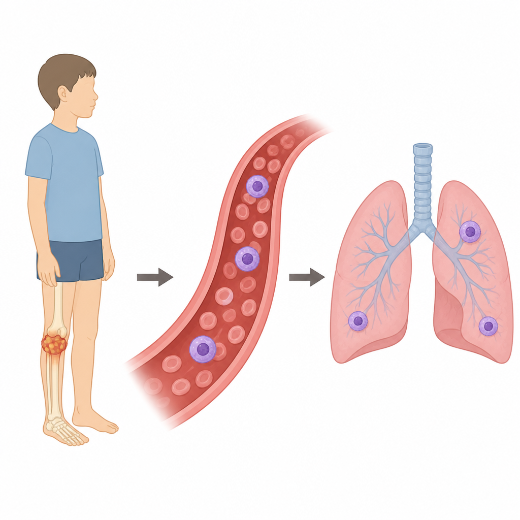 Figure 1. Cancer cells leaving a bone tumor, traveling in blood, and reaching the lungs to form new growths.