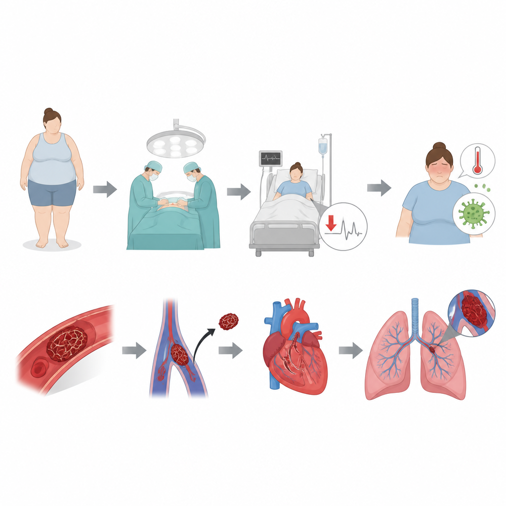 Figure 2. Schritt‑für‑Schritt‑Weg von der Operation und zusätzlichen Risiken wie Adipositas, niedrigem Blutdruck und Infektion bis hin zu Thromben, die den Blutfluss in der Lunge blockieren.