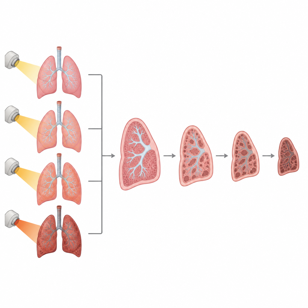 Figure 2. Higher radiation to remaining lung tissue and more extensive surgery lead to faster stepwise loss of lung capacity.