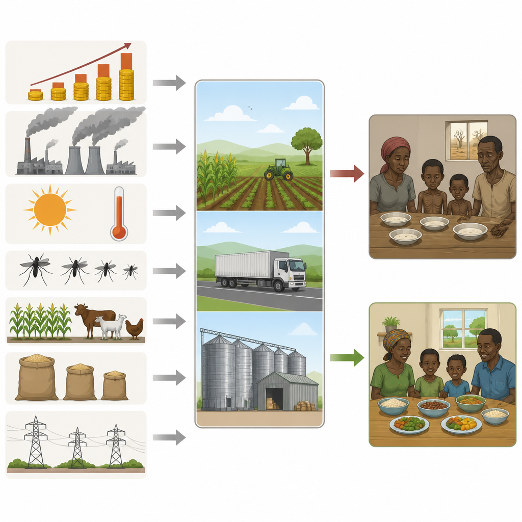 Figure 2. Jak zatrudnienie, hodowla zwierząt, stres związany z klimatem i marnotrawstwo żywności wchodzą w interakcje w systemach żywnościowych, prowadząc do głodu lub zabezpieczenia posiłków.