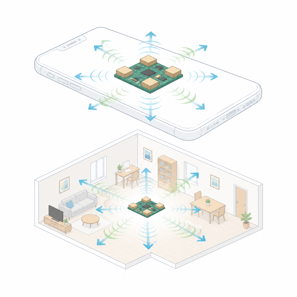 Figure 1. Modulo 5G compatto a quattro antenne in un dispositivo che invia segnali wireless puliti in una stanza senza che le antenne si disturbino a vicenda.