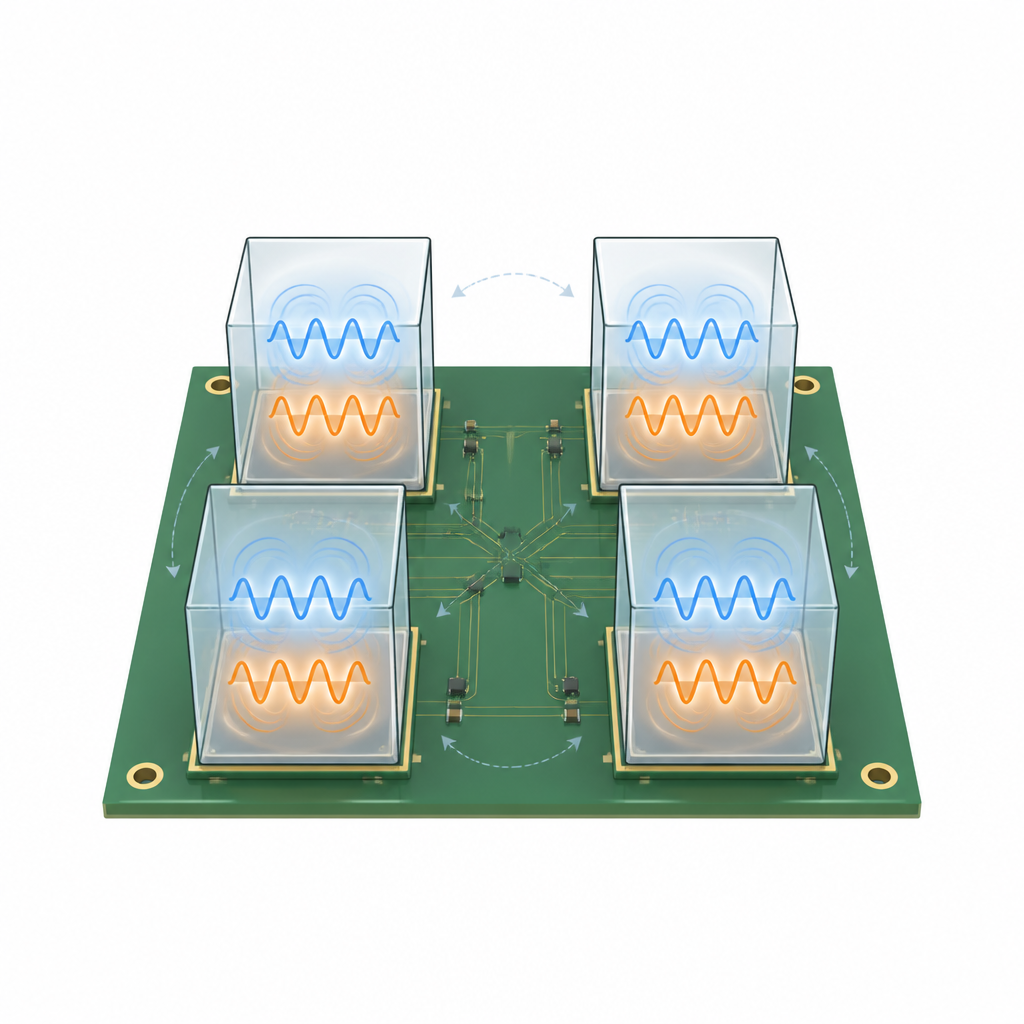 Figure 2. Primo piano di quattro piccoli blocchi antenna su una scheda circuitale che mostra onde confinate all'interno di ogni blocco e interazione minima tra di essi.