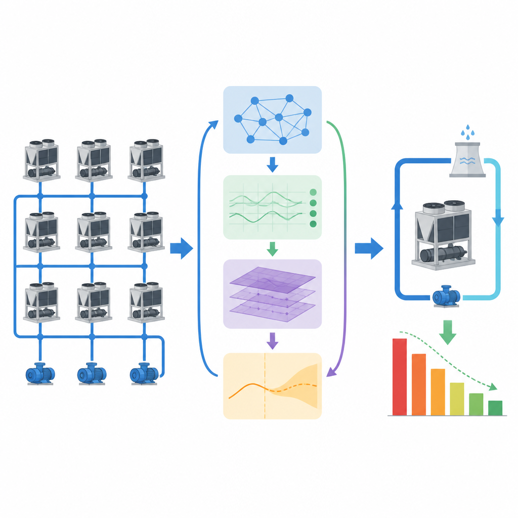 Figure 2. How a network-and-time based AI model predicts chiller power use and guides lower-energy operation.