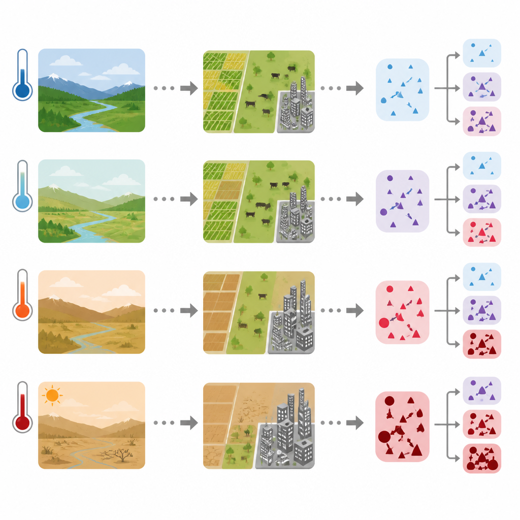 Figure 2. Come temperatura, uso del suolo e città interagiscono per trasformare gli shock climatici in diversi livelli di conflitto nel tempo.