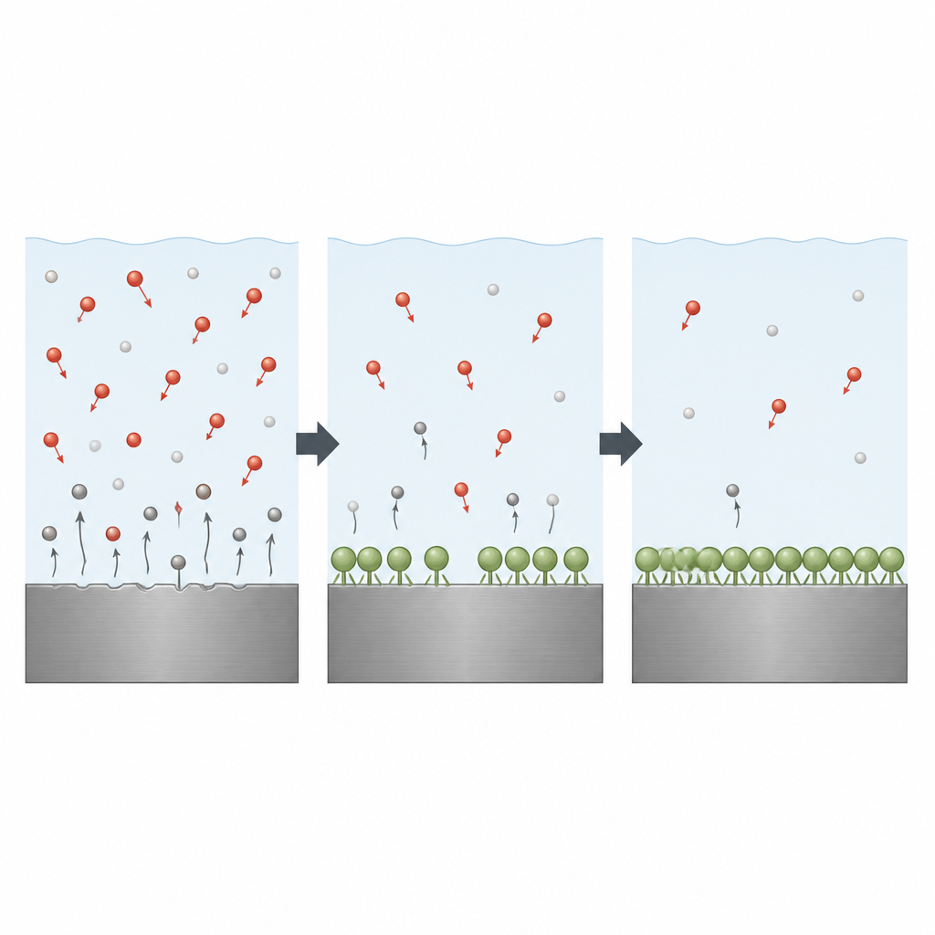 Figure 2. Clarithromycin molecules attach to steel, forming a dense barrier that slows acid attack and metal loss.