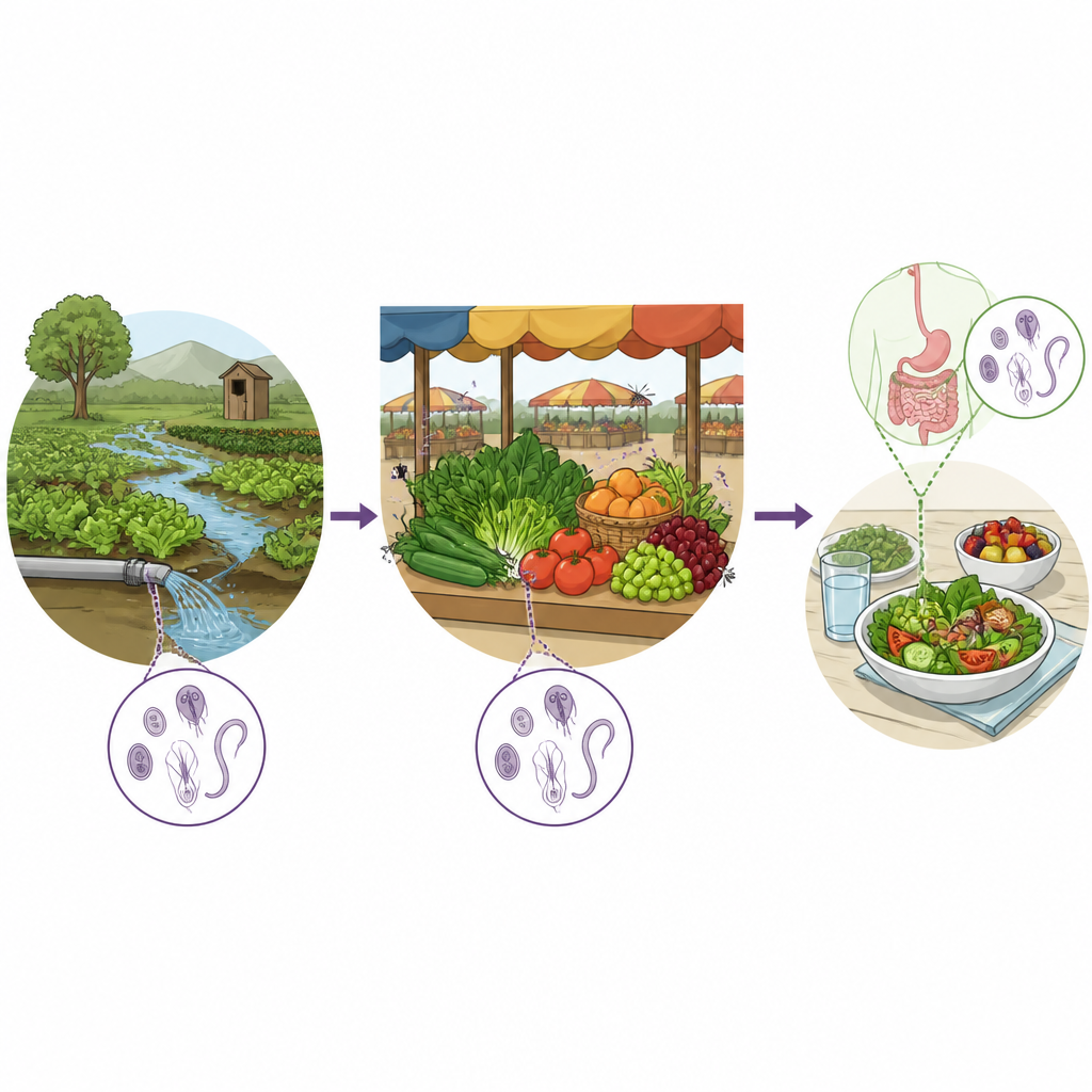 Figure 1. How fresh market produce can pick up hidden gut parasites from farm to table and reach people who eat it raw