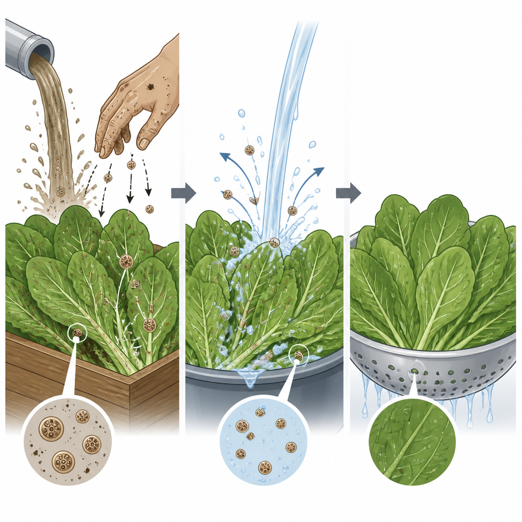 Figure 2. How dirty water and unwashed hands contaminate leafy vegetables and how thorough washing helps remove parasites