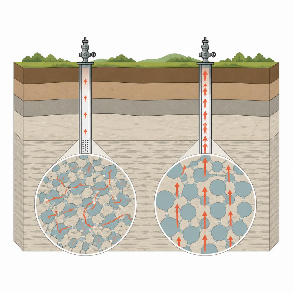 Figure 1. Zwei benachbarte Bohrlöcher in derselben Gesteinsschicht fördern sehr unterschiedliche Gasvolumina, weil ihre feinen Porennetzwerke nicht gleich sind.