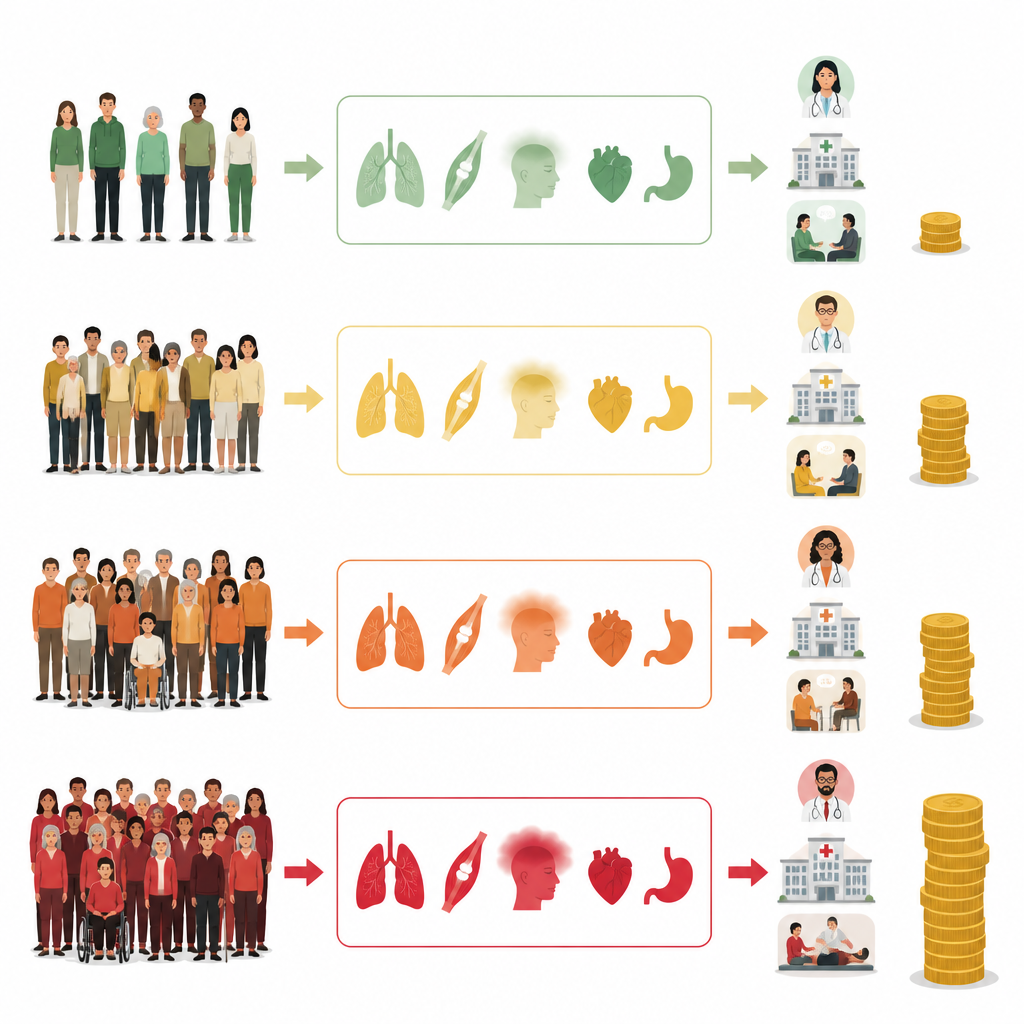 Figure 2. How different Long Covid symptom patterns lead to varied healthcare pathways and financial strain.
