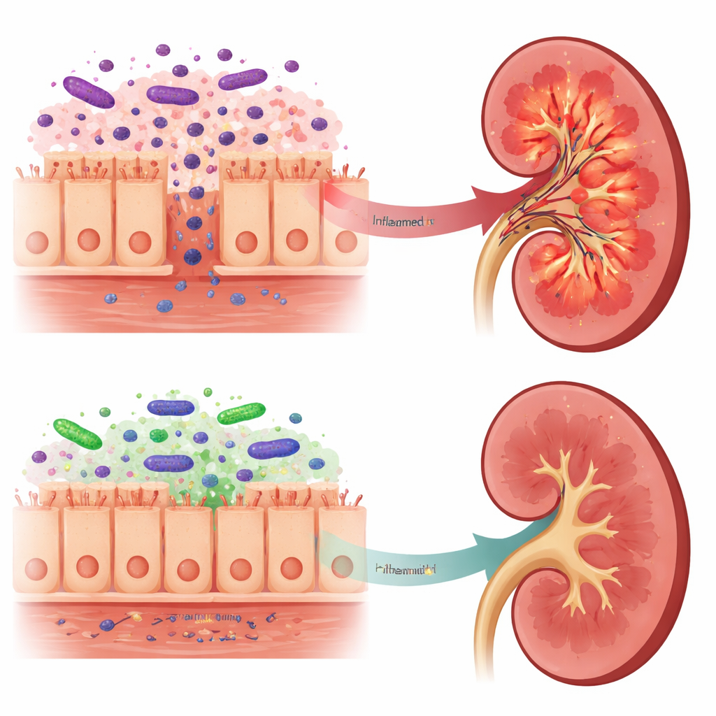 Figure 2. Step-by-step view of how Lactobacillus reuteri strengthens the gut barrier and lessens kidney inflammation signals.