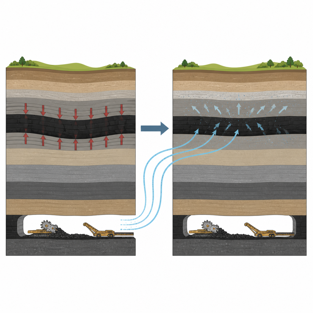 Figure 1. Lestrazione del giacimento inferiore allevia pressione e gas in un giacimento sovrastante a rischio, creando una zona pi sicura per lestrazione successiva.